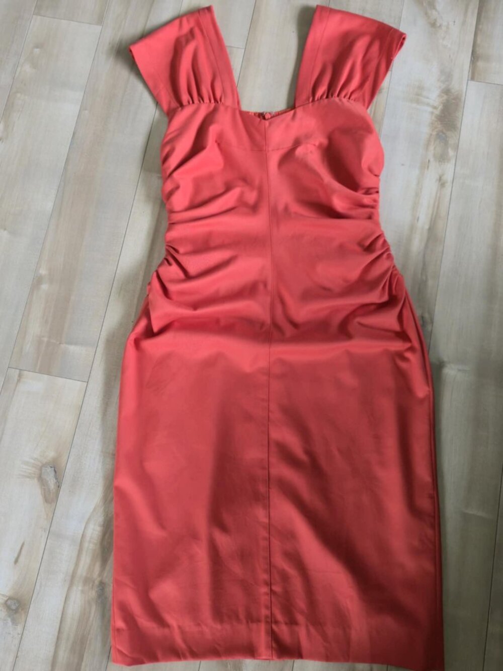 Robert Rodriguez Coral Ruched Midi Dress Size 6 | Statement Sleeve Cocktail Wedd